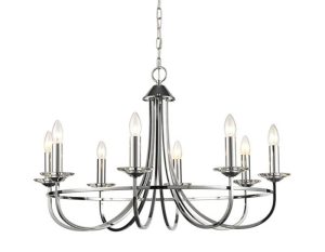 Modern quality 8 light chandelier in polished chrome with crystal candle pans