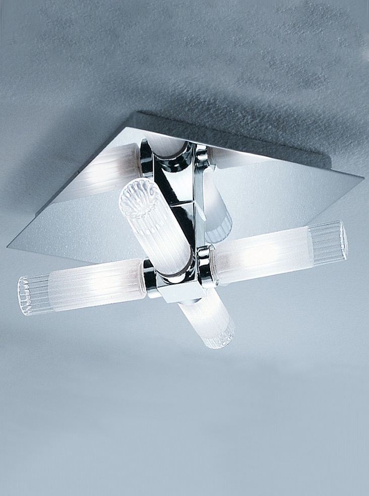 Quality 4 Lamp Flush Bathroom Ceiling Light Chrome Ribbed Glass IP44