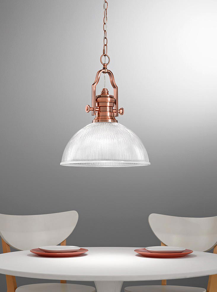 Industrial Style 1 Light Ceiling Pendant Antique Copper Ribbed Glass