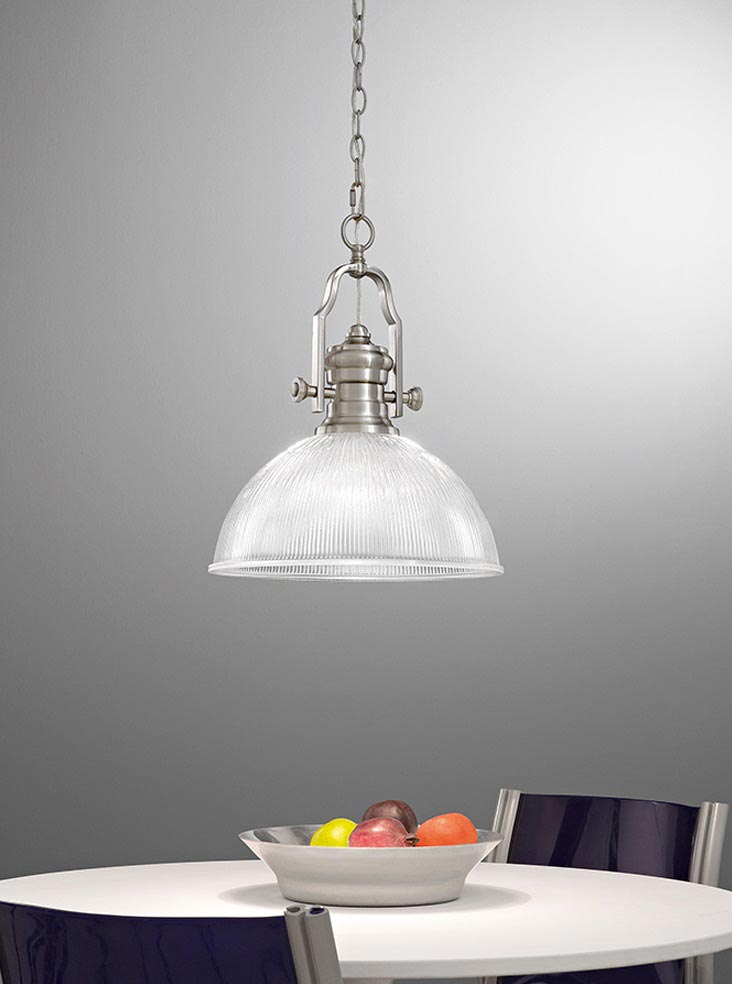 Industrial Style 1 Light Ceiling Pendant Satin Nickel Ribbed Glass Shade