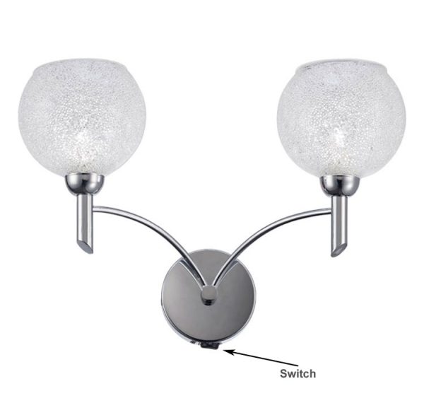Elegant 2 Lamp Switched Twin Wall Light Chrome Crystal Lined Shades