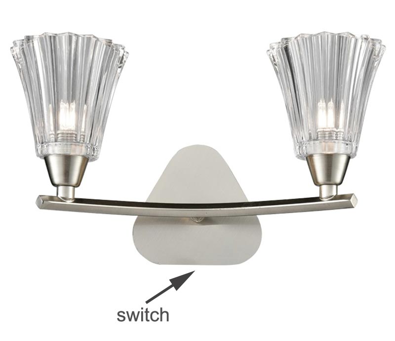 Elegant Twin Switched Wall Light Satin Nickel Fluted Glass Shades