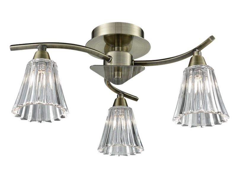 Elegant 3 Arm Semi Flush Ceiling Light Bronze Fluted Glass Shades