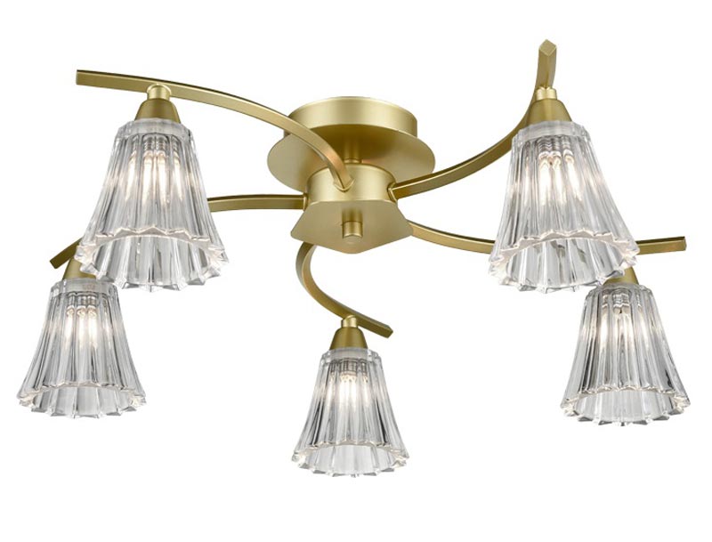 Elegant 5 Arm Semi Flush Ceiling Light Matt Gold Fluted Glass Shades