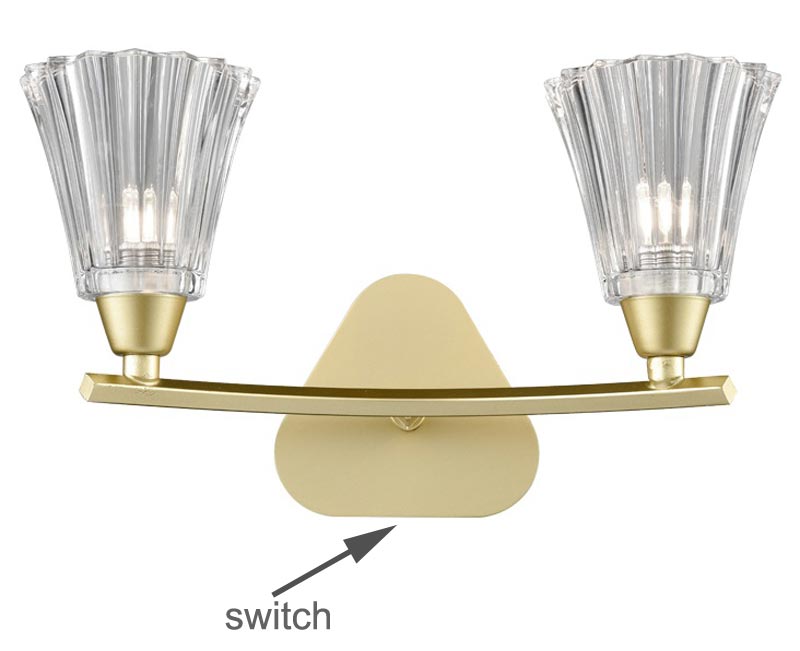 Elegant 2 Lamp Twin Switched Wall Light Matt Gold Fluted Glass Shades
