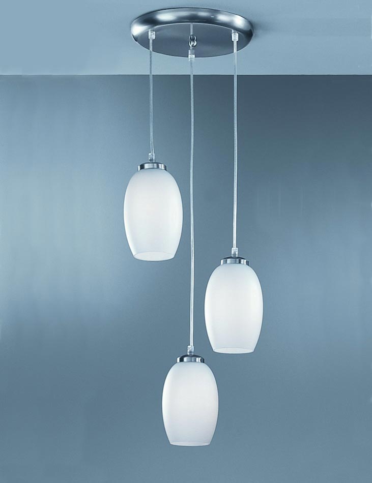 Classic 3 Light Multi Level Pendant Satin Nickel Matt Opal Glass Shades