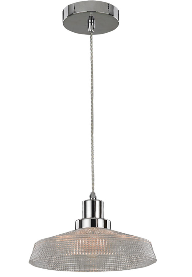 Retro Style 1 Light 26cm Ceiling Pendant Polished Chrome Textured Glass