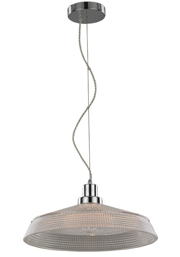 Retro Style 1 Light 40cm Ceiling Pendant Polished Chrome Textured Glass