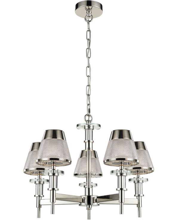 Retro Style 5 Arm Chandelier Polished Chrome Textured Glass Shades