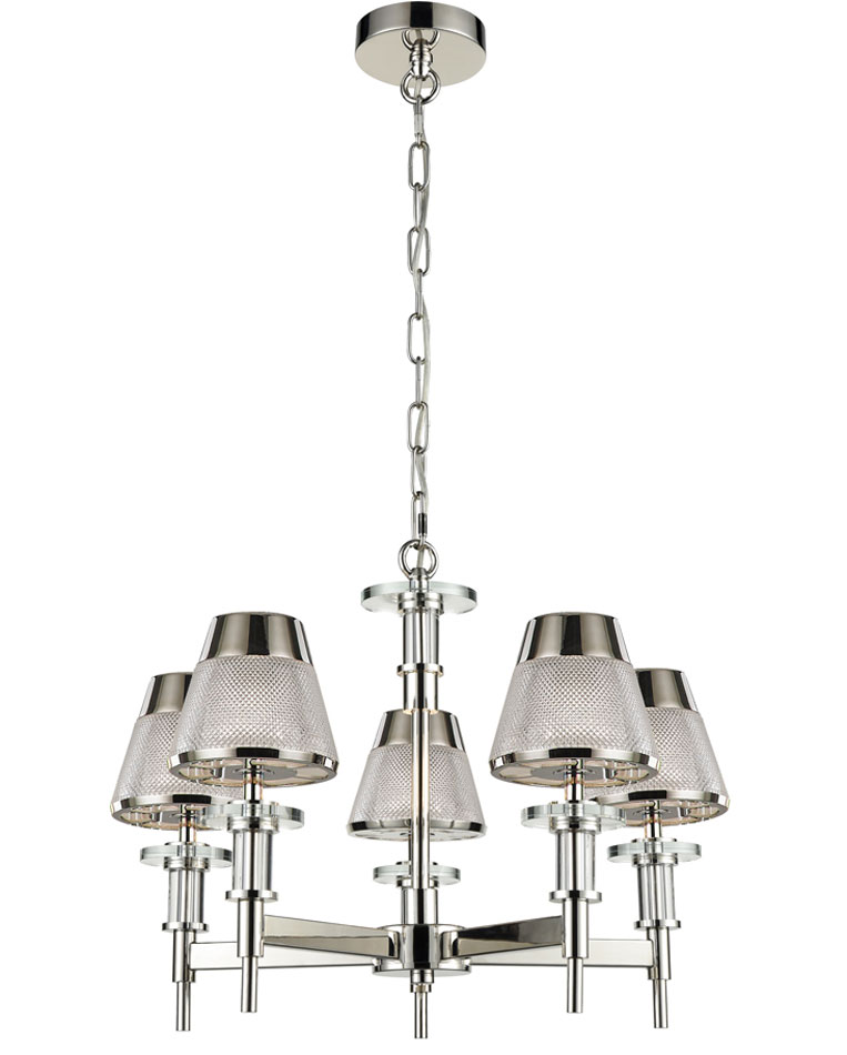 Retro Style 5 Arm Chandelier Polished Chrome Textured Glass Shades