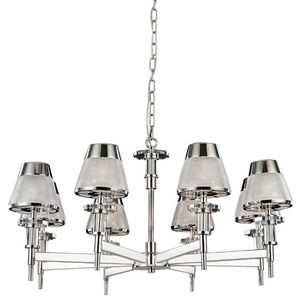 Franklite FL2379/8 Concept 8 arm chandelier in polished chrome with textured glass shades