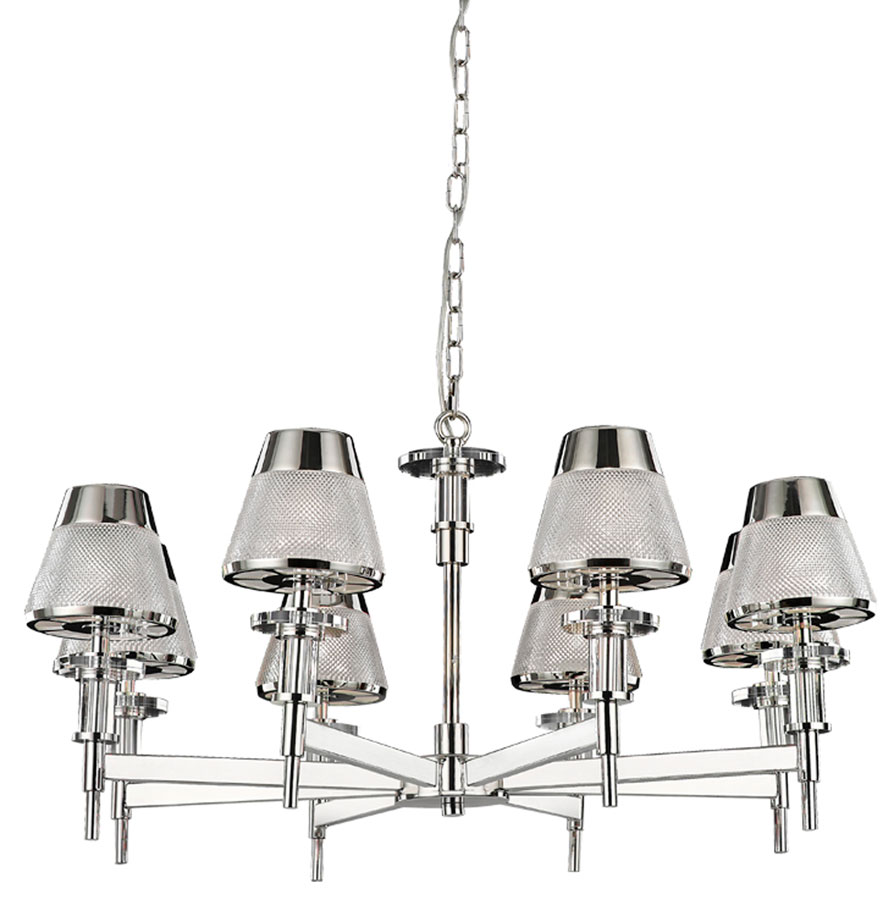 Retro Style 8 Arm Chandelier Polished Chrome Textured Glass Shades