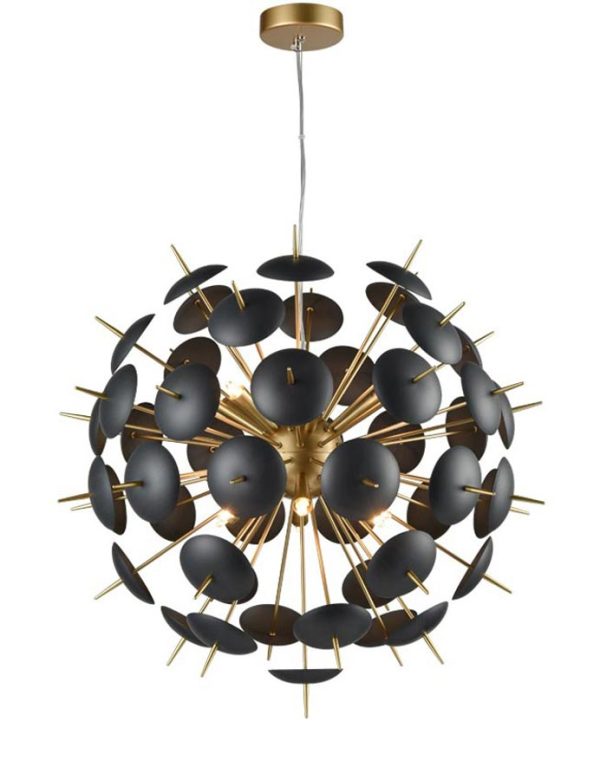 Contemporary 6 Light Ceiling Pendant Globe Matt Gold Black Discs