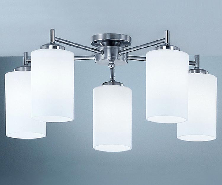 Traditional 5 Arm Flush Ceiling Light Satin Nickel Opal Glass Shades