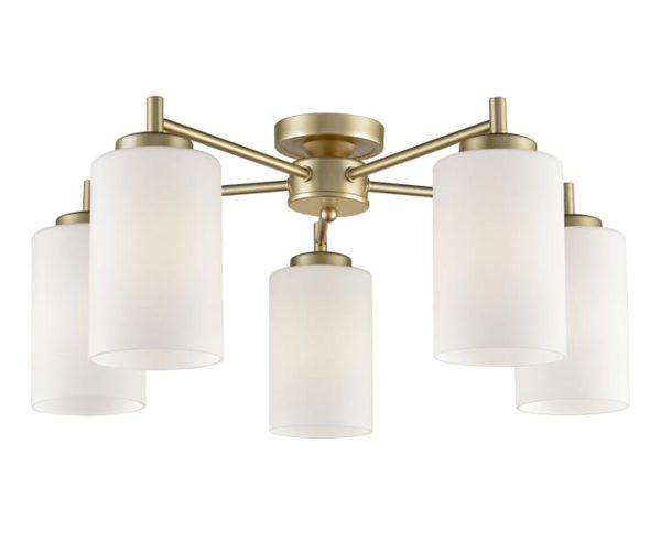 Franklite FL2387/5 Decima 5 arm flush mount ceiling light in matt gold with opal glass shades