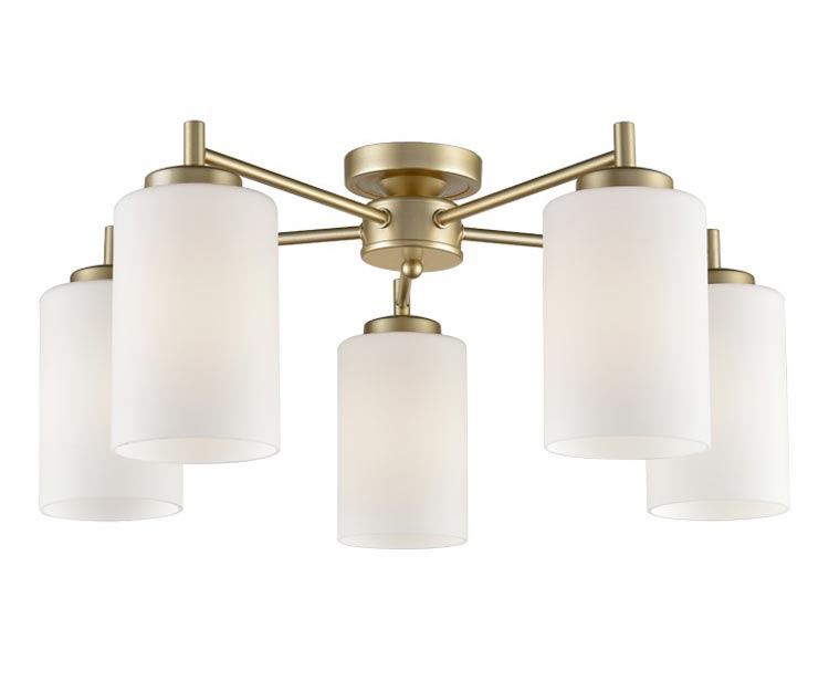 Traditional 5 Arm Flush Mount Ceiling Light Matt Gold Opal Glass Shades