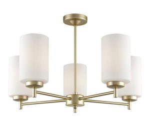 Franklite FL2388/5 Decima 5 arm semi flush ceiling light in matt gold with opal glass shades
