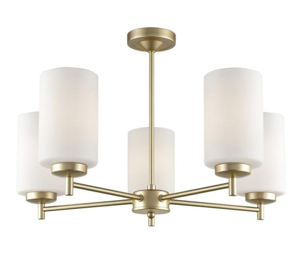 Franklite FL2388/5 Decima 5 arm semi flush ceiling light in matt gold with opal glass shades