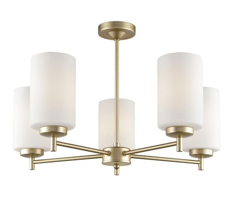 Traditional 5 Arm Semi Flush Ceiling Light Matt Gold Opal Glass Shades