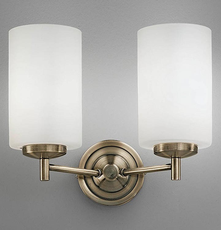 Traditional 2 Lamp Twin Wall Light Bronze Opal White Glass Shades