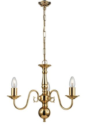 Franklite PE7913 Delft 3 light traditional chandelier in polished solid brass