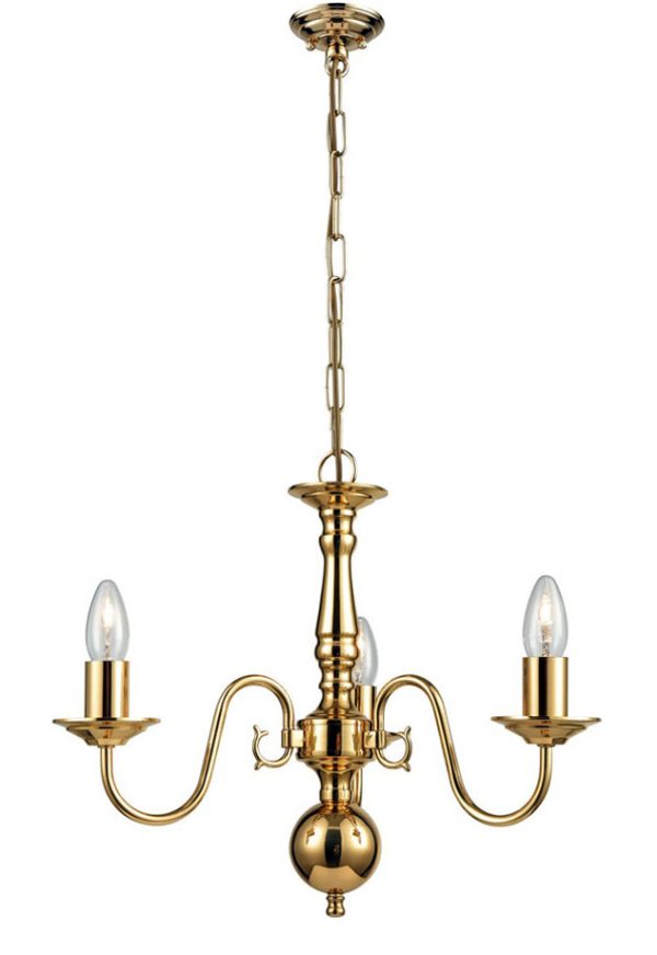 Franklite PE7913 Delft 3 light traditional chandelier in polished solid brass