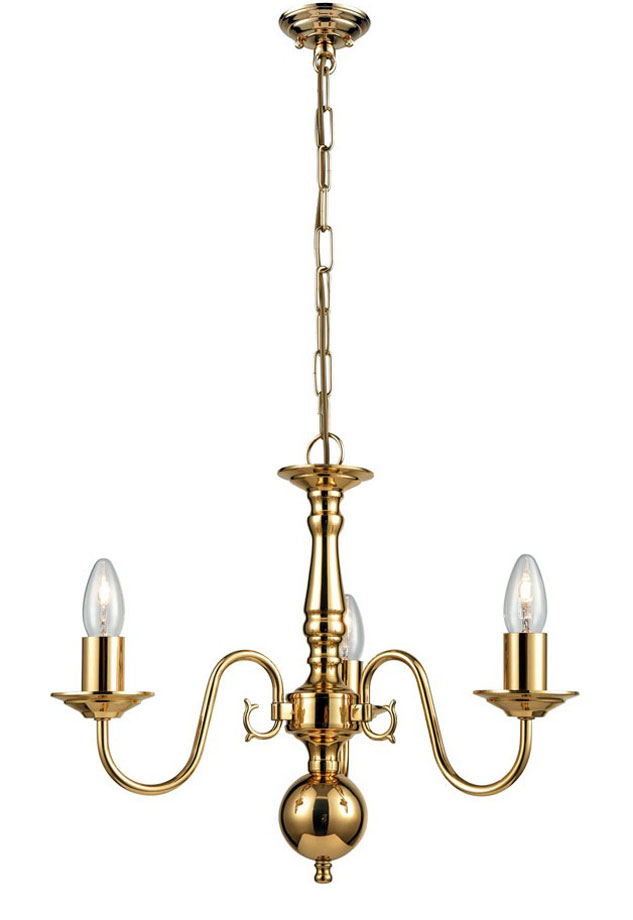 Flemish Style Traditional 3 Light Chandelier Polished Solid Brass