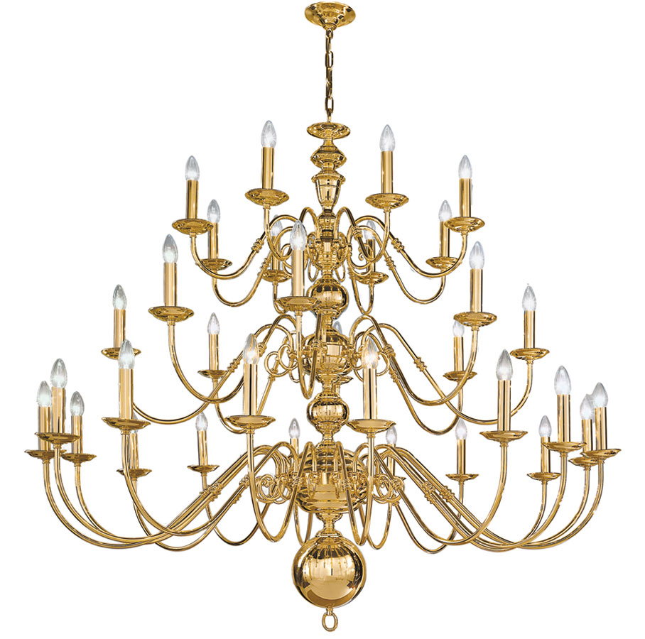 Very Large Flemish Style 32 Light 3 Tier Chandelier Polished Solid Brass