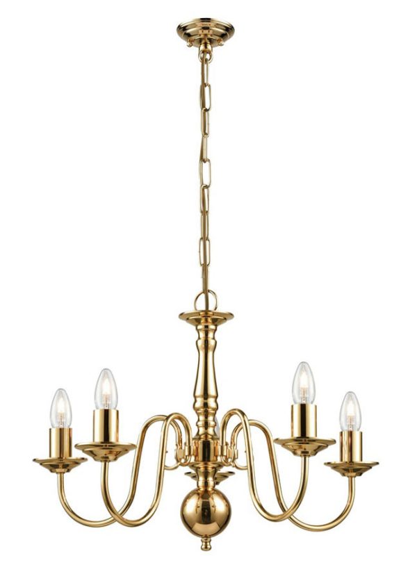 Franklite PE7915 Delft 5 light traditional chandelier in polished solid brass