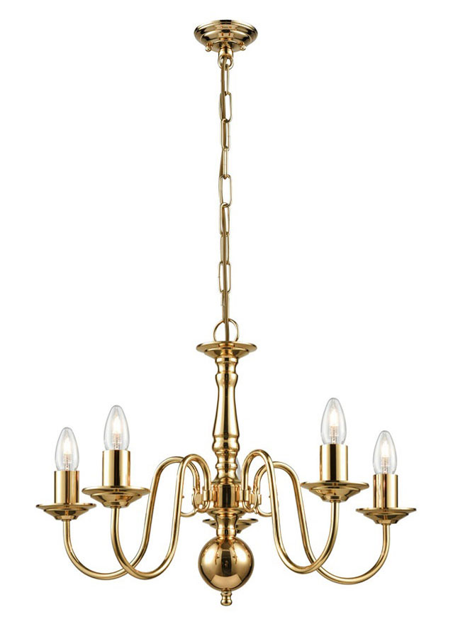 Flemish Style Traditional 5 Light Chandelier Polished Solid Brass