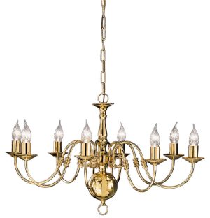 Franklite PE7918 Delft 8 light traditional chandelier in polished solid brass
