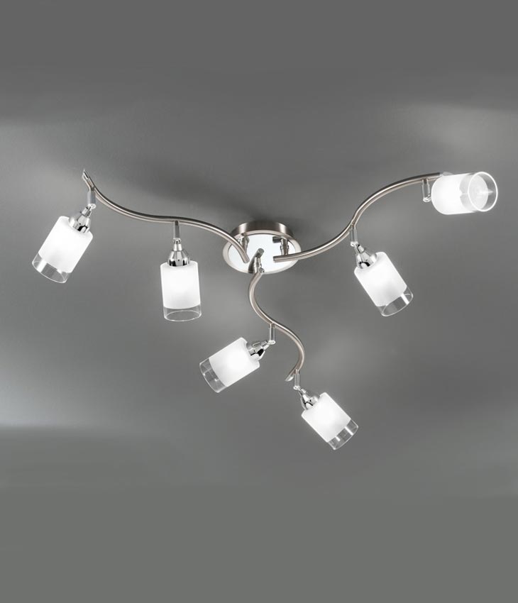 Stylish Satin Nickel 6 Light Ceiling Spot Light Bar Acid Glass Shades