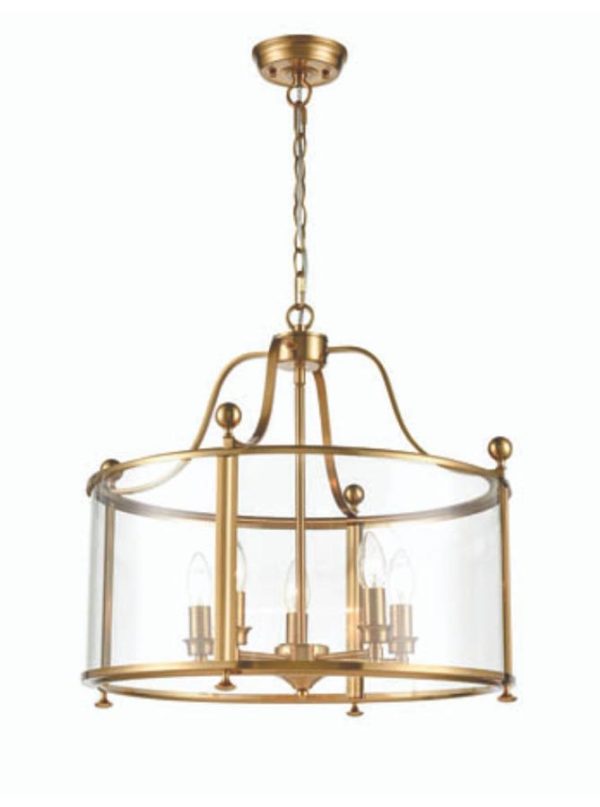 Quality Georgian 5 Light Large Hanging Lantern Antique Gold Clear Glass