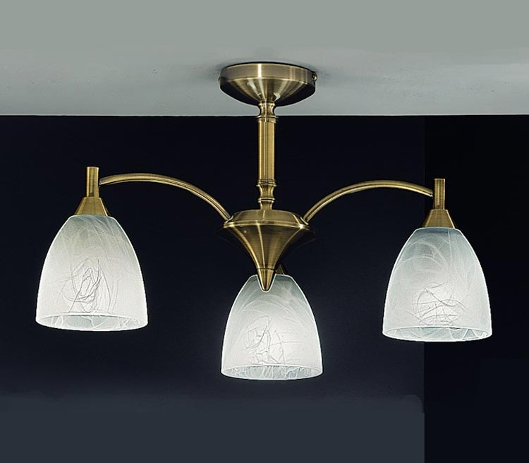 Traditional 3 Arm Semi Flush Ceiling Light Bronze Alabaster Effect Glass