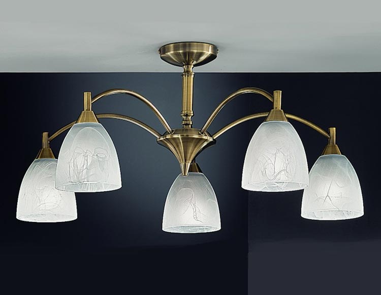 Traditional 5 Arm Semi Flush Ceiling Light Bronze Alabaster Effect Glass