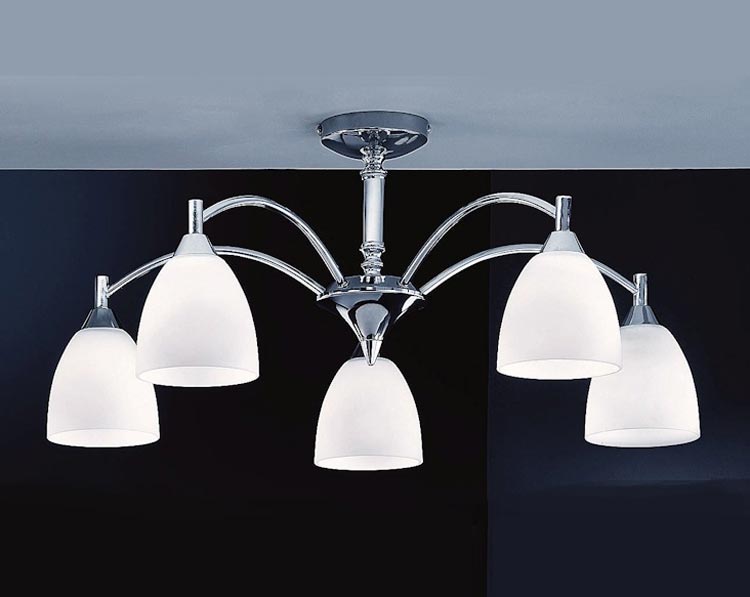 Traditional 5 Arm Semi Flush Ceiling Light Chrome Alabaster Effect Glass