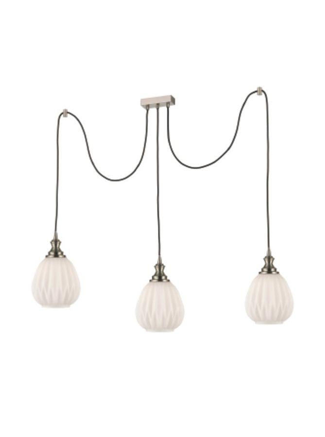 Classic Satin Nickel 3 Light Pendant 18cm Ribbed Opal Glass Shades