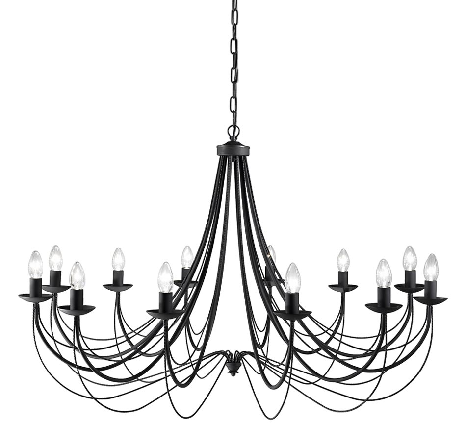 Classic Italian Ironwork Large 12 Light Chandelier Satin Black Finish