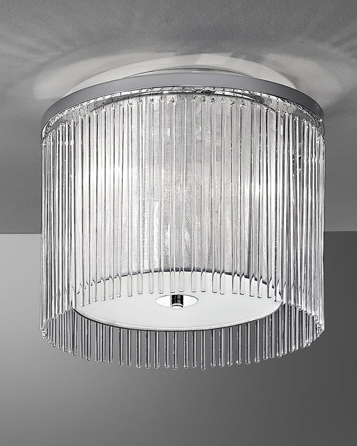 Modern 3 Lamp Flush Ceiling Light Chrome Lurex Shade Glass Rods
