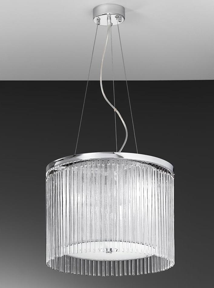 Modern 3 Lamp Pendant Ceiling Light Chrome Lurex Shade Glass Rods