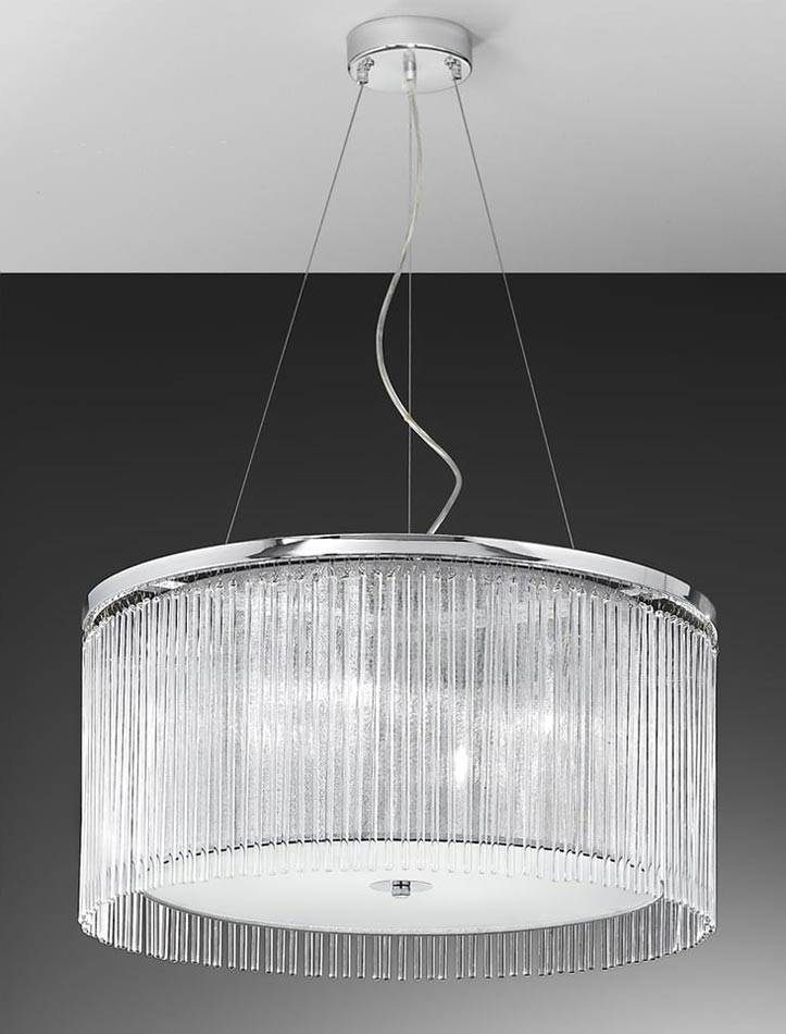 Modern 4 Lamp Pendant Ceiling Light Chrome Lurex Shade Glass Rods