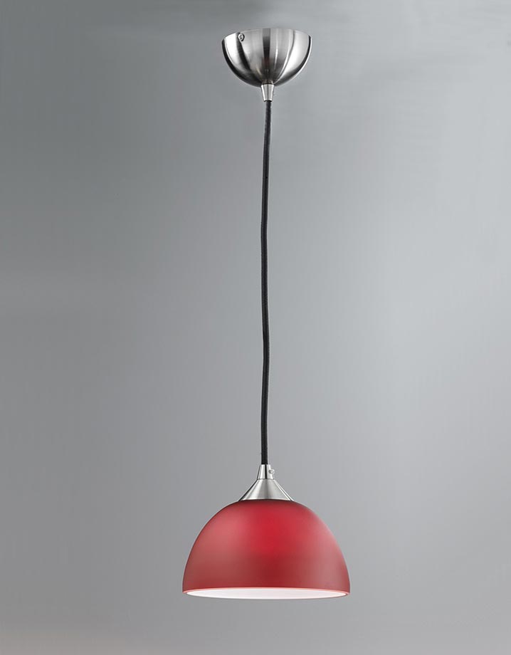 Contemporary 1 Light Small Ceiling Pendant Satin Nickel Red Glass