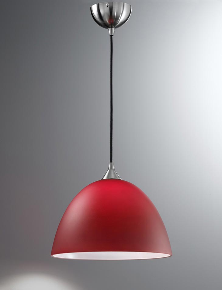 Contemporary 1 Light Large Ceiling Pendant Satin Nickel Red Glass
