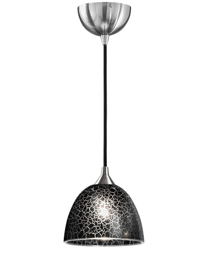 Contemporary 1 Light Small Ceiling Pendant Satin Nickel Black Crackle Glass