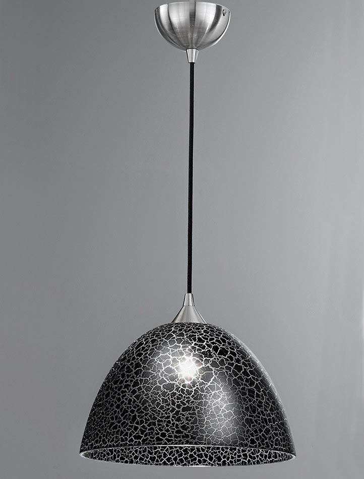 Contemporary 1 Light Large Ceiling Pendant Satin Nickel Black Crackle Glass