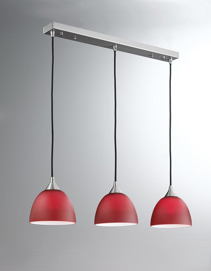 Contemporary 3 Light Ceiling Pendant Satin Nickel Red Glass Shades