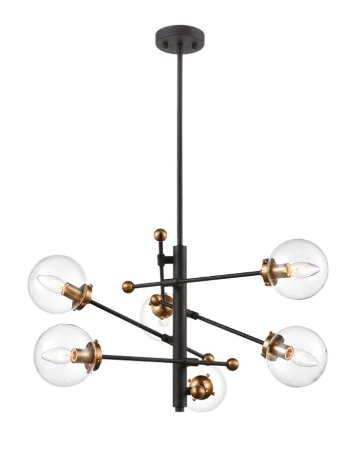 Modern 6 Light Ceiling Pendant Black / Antique Gold Clear Glass Globes