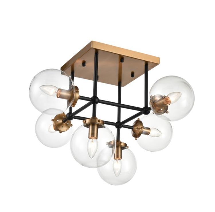 Modern 6 Lamp Flush Ceiling Light Black / Antique Gold Clear Glass