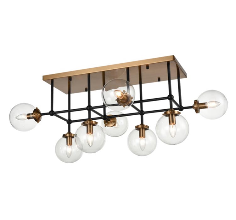 Modern 8 Lamp Flush Ceiling Light Black / Antique Gold Clear Glass