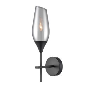 Contemporary single wall light in matt black with smoked glass shade